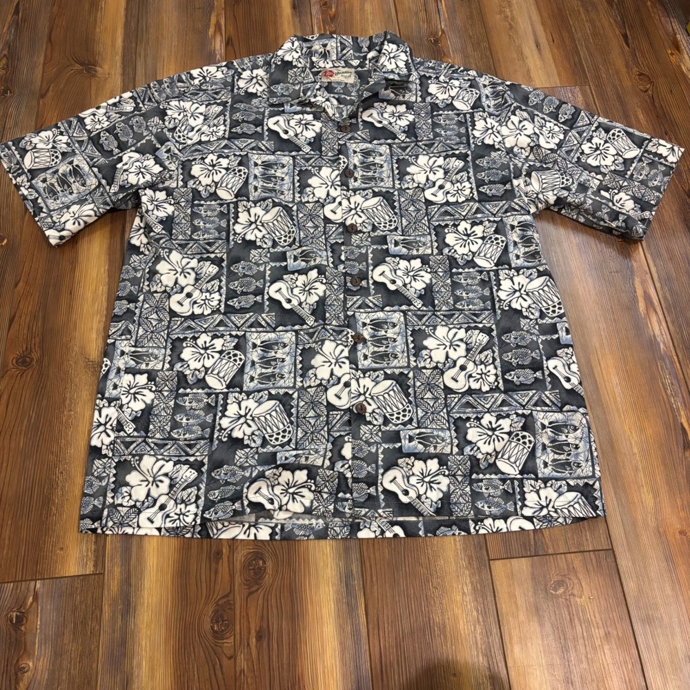 Hilo Hattie Mens XL Hawaiian Shirt Blue White Floral Ukulele Fish Cotton Hawaii